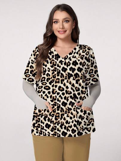 PopScrub Plus Size Women's V-Neck Leopard Print Patchwork Pocket Scrub Top