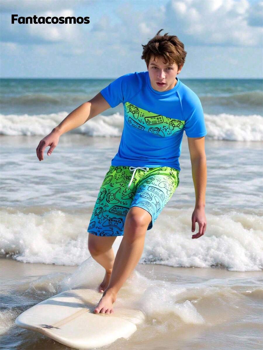 Tween Boys Swimwear Set: Short Sleeve Rashguard Top Paired With Beach Shorts, Casual Sports Swimsuit For Summer Summer Holiday Boys Rash Guard Swim Set With Swim Trunks Bathing Suit Long Sleeve Swim Shirt Quick Dry Swimsuit Kids Swimwear