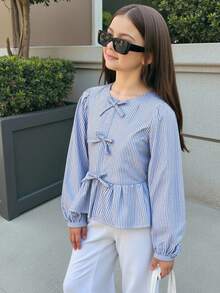 SHEIN Tween Girls Blue Striped Puff Sleeve Bowknot Blouse, Cute Casual Daily Fashion Fall Winter - Blue - View 1