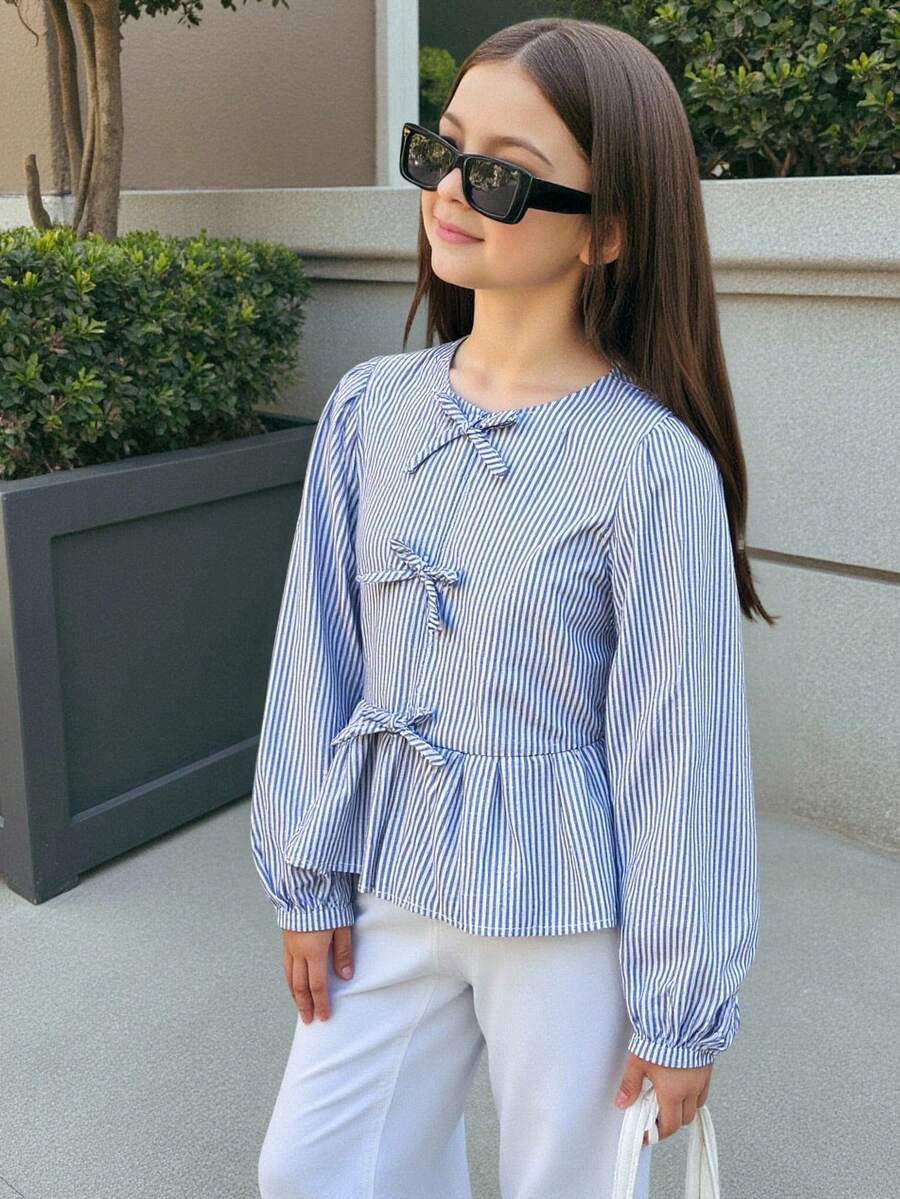 SHEIN Tween Girls Blue Striped Puff Sleeve Bowknot Blouse, Cute Casual Daily Fashion Fall Winter - Blue - View 1