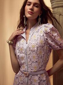 MOTF PREMIUM GOLD THREAD FLORAL EMBROIDERED STAND COLLAR PUFF SLEEVE FITTED PEARL BELT MID-LENGTH DRESS - Mauve Purple - View 1