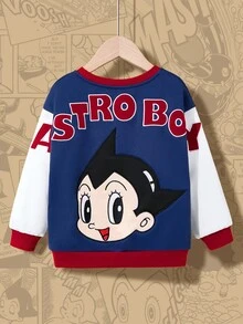 Astro Boy X SHEIN Young Boy Cartoon Figure & Letter Embroidery Colorblock Drop Shoulder Knit Crew Neck Sweatshirt, Autumn/Winter Fall - Blue and White - View 1