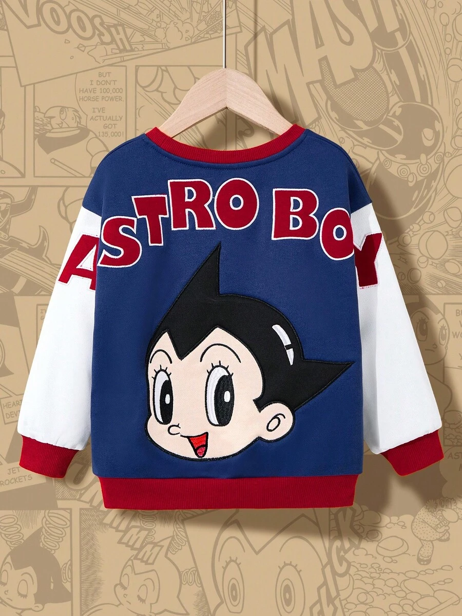 Astro Boy X SHEIN Young Boy Cartoon Figure & Letter Embroidery Colorblock Drop Shoulder Knit Crew Neck Sweatshirt, Autumn/Winter Fall - Blue and White - View 1