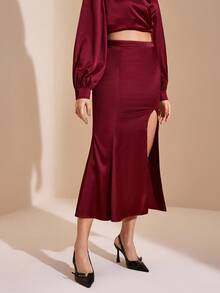 JIAN LASALA Mid-Waist Flared Midi Satin Skirt With High Slit Women Autumn Elegant Party New Year Outfits Wedding Guest Luxury Stylish Clothing Collection - Burgundy - View 5
