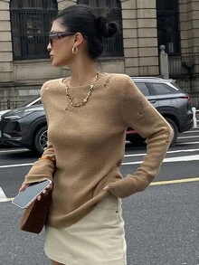 DAZY 镂空不对称设计修身圆领长袖毛衣，女款秋冬 - 卡其色 - 查看 6