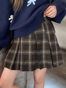 DAZY Women's Pleated Plaid A-Line Skirt, Academic Style Fall - Khaki - View 2