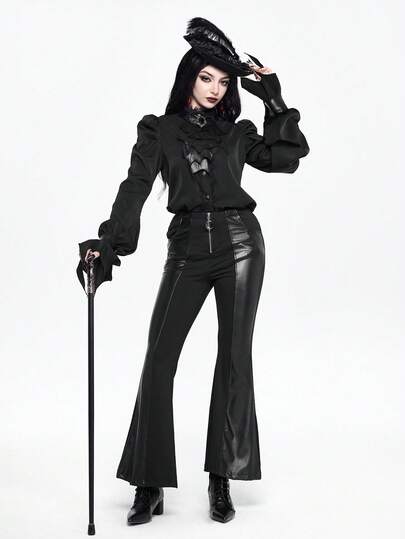 EDITION Asymmetrische PU Fledermaus Kragen Loose Goth Bluse für Frauen, geeignet für Halloween