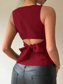 Aloruh Women's Commute & Casual Backless Bowknot Round Neck Sleeveless Black Shirt,Red Top