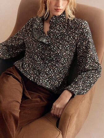 Écloséra French Retro Casual Ruffled Lace Neckline Small Floral Pattern Long Sleeve Autumn Fitted Women's Shirt Outerwear Matching Retro Women's Shirt Women's Autumn Wear Women's Button-Down Shirt Fall Cloth For Women