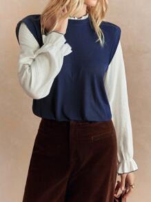 Écloséra 新款秋季复古返校节荷叶边二合一拼接百搭宽松女士上衣女装外出上衣秋季 - 彩色 - 查看 4