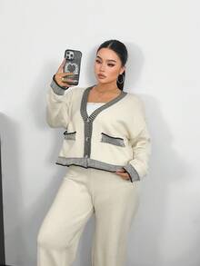 POPSWAY Autumn/Winter New Minimalist Versatile Faux Pocket Cardigan Long Sleeve Top And Pants Knit Suit Set Fall Cloth For Women - Apricot - View 4