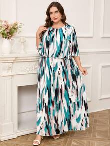 Reflora Plus Size Apricot Floral Print Elegant Lady Chiffon Ruffle Graceful Summer Dress - Multicolor - View 5