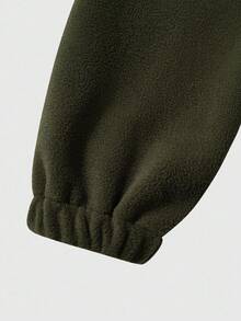 SHEIN Explorewe 2件套男童秋冬羊毛运动服，军绿色调，酷炫气质。上衣采用半拉链立领设计，裤子采用宽松卷边设计，中大童长袖长裤，毛绒刺绣套装，适合休闲装、运动装和户外穿着 - 橄欖綠 - 查看 5