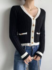 SHEIN LUNE Contrast Color Sexy Minimalist V-Neck Fitted Knit Cardigan, Spring/Autumn Fall Winter Cloth For Women - Black - View 6