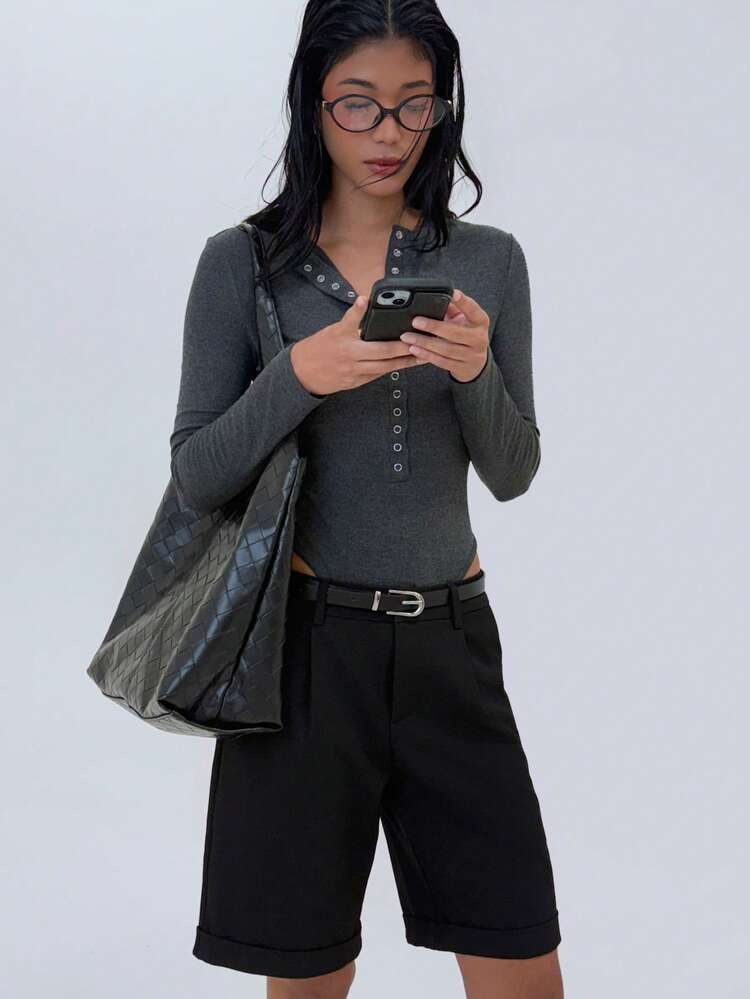 Ribbed Henley Bodysuit With Button Front Closure