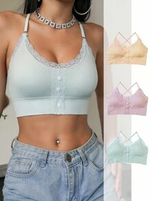 SHEIN Conjunto de 3 piezas de sujetador de encaje con parches para mujer - Multicolor - Ver 4