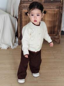 DAZY Áo khoác cardigan dài tay họa tiết trái tim và hoa phong cách Hàn Quốc thu đông cho bé gái màu tương phản - Màu be - Xem 6