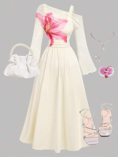 SHEIN Girlism Teen Girls Apricot Knitted Flower Print And Elegant Off-Shoulder Mesh Two-In-One Trumpet Sleeve Long-Sleeved Dress, Solid Color Dress, Sun Hem Dress, Autumn And Winter Inner Wear, Long Dress, Prom Dress, Graduation Dress Elegant Outfit For Girl Tea Party Outfit White Dress Elegant Birthday Outfits For Girl Fall Dress Long