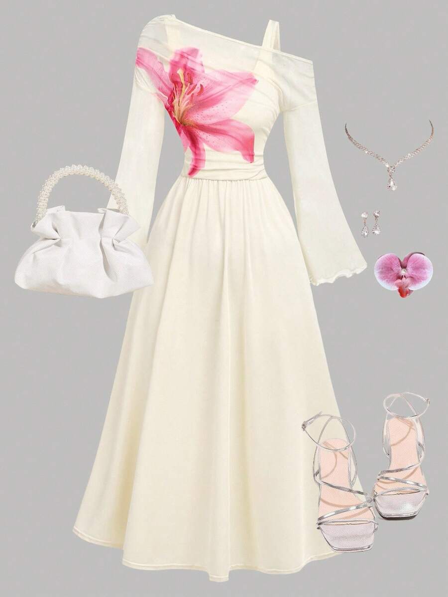 SHEIN Girlism 少女杏色针织花朵印花优雅露肩网纱二合一喇叭袖长袖连衣裙纯色连衣裙防晒下摆连衣裙秋冬内衣长裙舞会礼服毕业礼服 - 杏色 - 查看 1