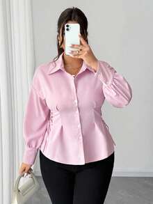 Viva Relle Plus Size Women Elegant Solid Color Side Cross Tie Design Collar Versatile Long Sleeve Blouse - Pink - View 4