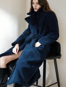 Aveloria Modichic New Autumn/Winter European & American Style Classic Lapel Belt Long Windbreaker Jacket, Fashionable & Versatile - Navy Blue - View 1