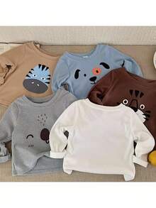Set de 5 piezas de tops casuales para bebé niño con cuello redondo, de punto, de unicolor y con diseño de animales lindos