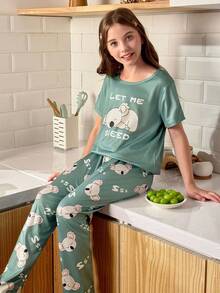 SHEIN 2 件可爱考拉印花女童睡衣套装，短袖上衣和长裤 - 彩色 - 查看 5