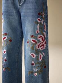 Selenza Jeans anchos casuales y holgados con bordado floral para mujer - Azul - Ver 6
