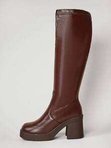 SHUZIA أفضل بيع بوت نسائية بني داكن ذات أصبع مربع أنيق طويلة الساق - مطاطية مريحة مع كعب مرتفع وكتلة للراحة طوال اليوم