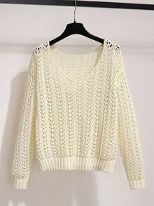 Franclia Women's Casual Daily Simple Solid V-Neck Dropped Shoulder Loose Open Knit Pullover Sweater, Autumn/Winter - Apricot - View 4