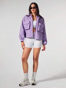 Menodora SHEIN Sport Women's Long Sleeve Outdoor Sports Letter Print Pocket Jacket In Fall/Winter - Purple - View 6