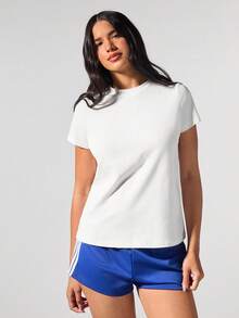 Fluxe 女士休闲纯色针织圆领短袖宽松百搭T恤 - 白色 - 查看 4