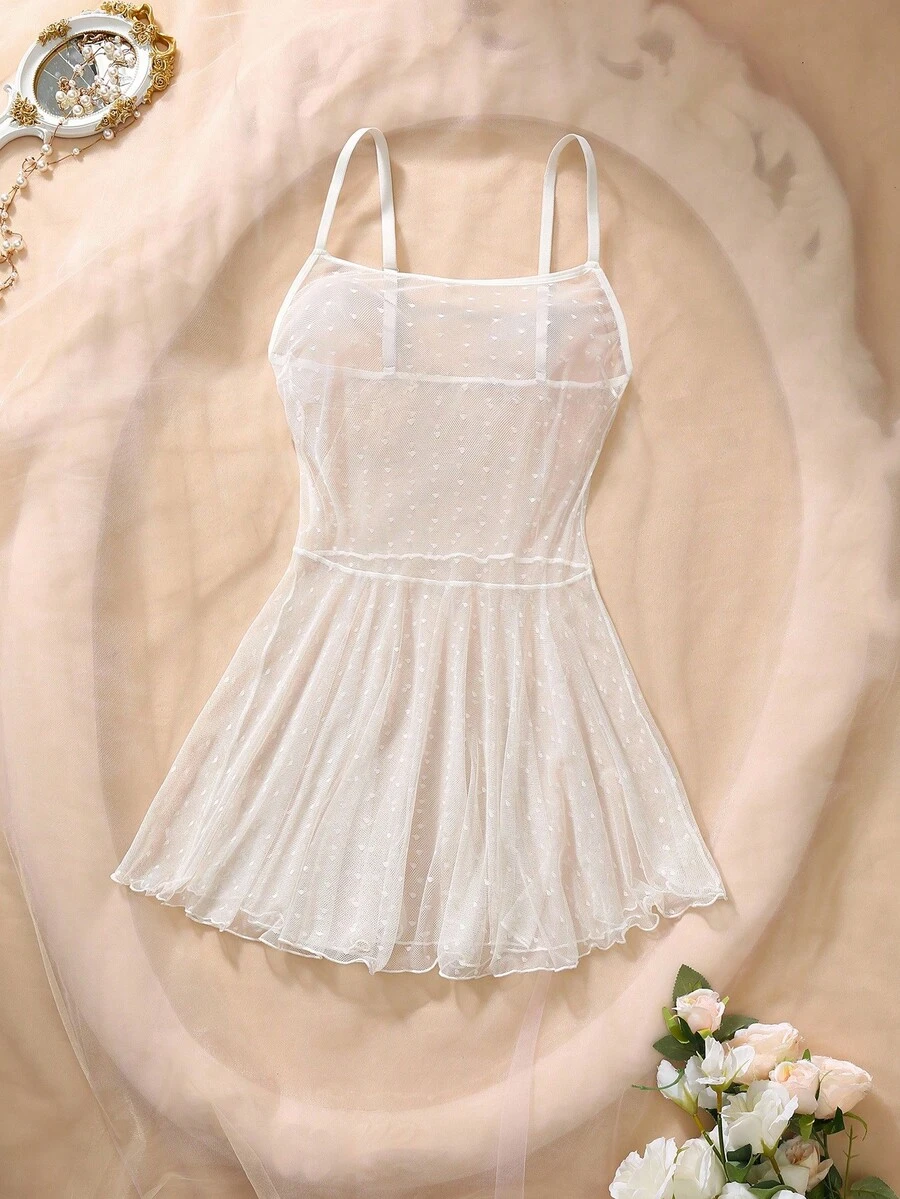 Semi-Transparent Mesh Spaghetti Strap Sexy Nightgown For Women, Going Out  Cozy And Elegant Details - White - View 1