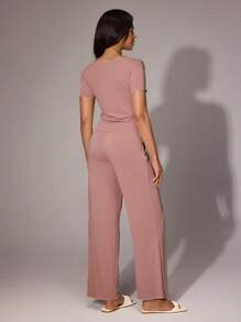 SHEIN 女式极简主义不对称开叉针织短袖上衣和阔腿裤家居服套装 - 藕粉色 - 查看 2