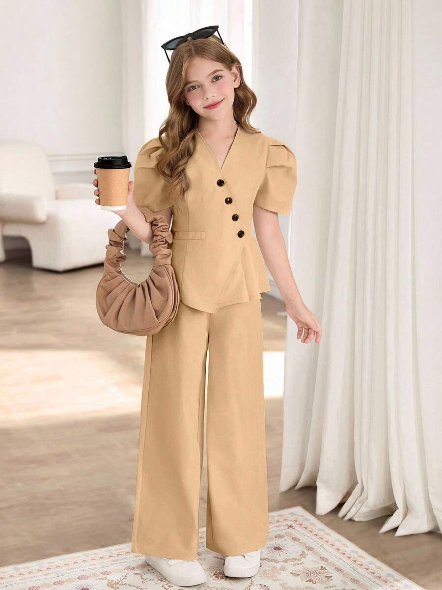 Elladie kids 2pcs/Set Girls' Puff Sleeve Top With Oblique Button And Pleated Hem, Paired With Straight Leg Wide Pants Suit - Khaki - View 1