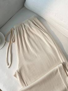 Elamini Women's Knit Textured Fabric Low Waist Wide Leg Pants With Drawstring And Pockets, Casual Trousers For Autumn/Winter Fall Cloth For Women - Apricot - View 3