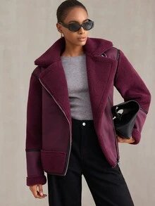 Aveloria Modichic 冬季时尚不对称仿保暖内衬厚夹克，百搭又时尚 - 酒紅色 - 查看 1