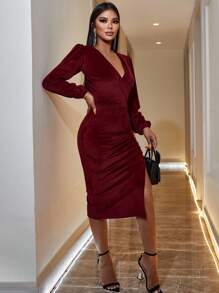 EURMUSE Surplice Neck Ruched Split Thigh Velvet Dress - Burgundy - View 3