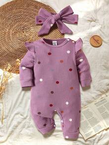 SHEIN Enterizo de punto cómodo con mangas acampanadas y estampado de lunares de colores para bebé recién nacido - Morado - View 4