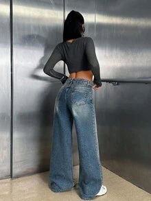 WOMEN WIDE LEG LOW WAIST JEANS Y2k Jeans Oversized Jeans Low Rise Jeans Wide Leg Jeans Flared Jeans Cowgirl Jeans Low Rise Jeans Y2k - Medium Wash - View 2