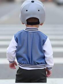 SHEIN 男婴街头风格休闲夹克，牛仔布和针织面料拼布，刺绣贴布设计，罗纹袖口 - 中等水洗藍 - 查看 10