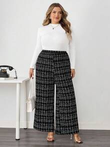 SHEIN CURVE+ 大码女式优雅格子印花弹力针织裤，适合各种场合，适合优雅的日常通勤、商务休闲/秋冬 - 彩色 - 查看 6