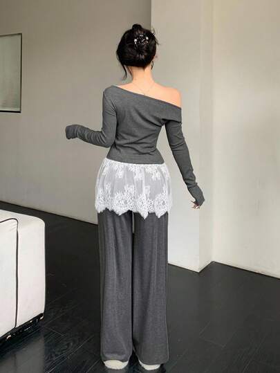 Women's Oblique Shoulder Long Sleeve Fitted Lace Patchwork Top And Straight Leg Pants Casual 2 Pieces Set Lounge Sets For Women