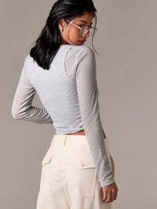 AiiRZ 分层长袖短款上衣罗纹圆领基本款修身弹力针织衫秋冬休闲分层时尚上衣 - 灰色 - 查看 2