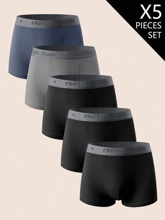 Manfinity Underwear&Sleepwear Basics 5 件男士舒适透气柔软字母腰带平角内裤