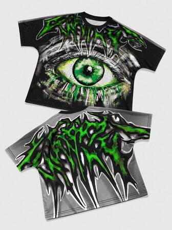 Grunge Punk Men's Round Neck Short Sleeve Casual Fashion Creative Eye Pattern T-Shirt, Summer