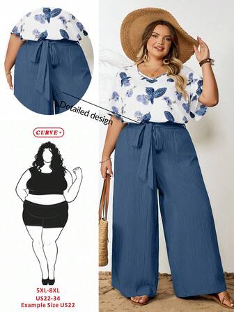 SHEIN CURVE+ 2 件/套女士加大码印花上衣和绿色裤子套装，春夏出游时尚新款套装，休闲度假两件套，曲线加大码，波西米亚风度假，女士度假装束海滩装/沙滩裙/沙滩度假装束/沙滩必备品/毕业/茶会礼服