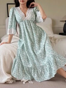 DAZY 浪漫花卉蕾丝拼接 V 领束腰女式睡袍睡衣 - 藍色 - 查看 4