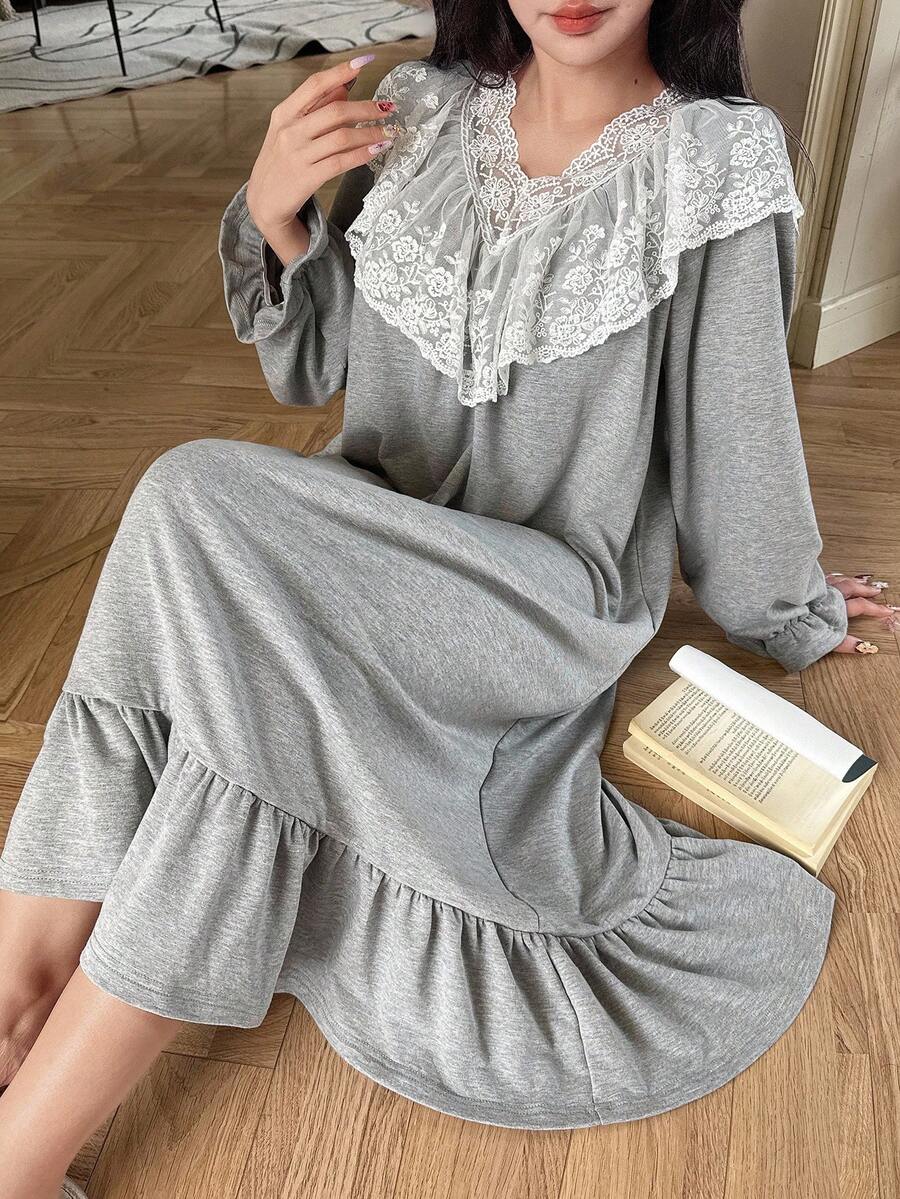 DAZY Romantic Lace Patchwork Ruffle Hem Loose Long Women Nightgown, Fall Pajama - Grey - View 1
