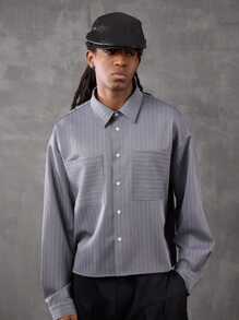 PAVTROS 男士条纹落肩前扣短款时尚长袖衬衫，秋季 - 彩色 - 查看 4